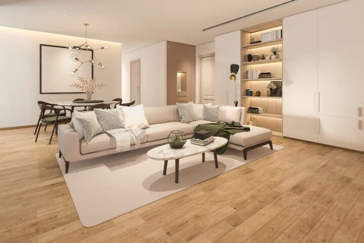 salon avec plancher en bois