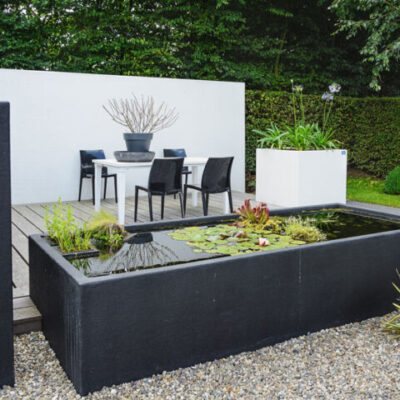 Garden with modern garden furniture and trendy pond.